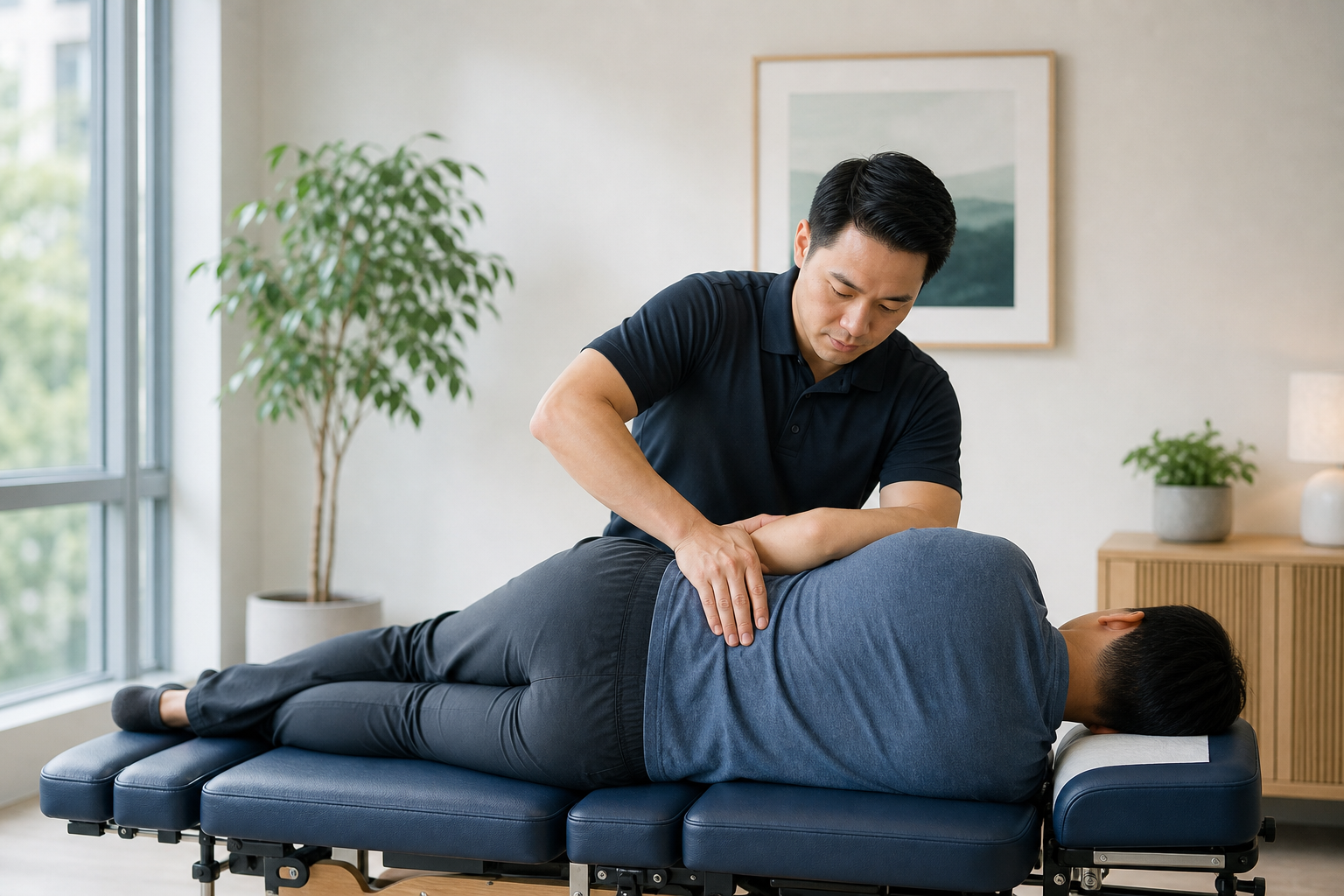 Hands-on chiropractic adjustment for back pain in a modern clinic