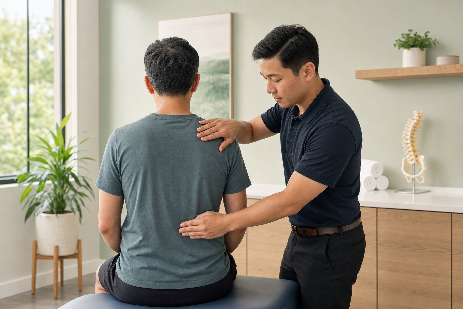 Chiropractor assessing a seated patient's posture and spinal alignment