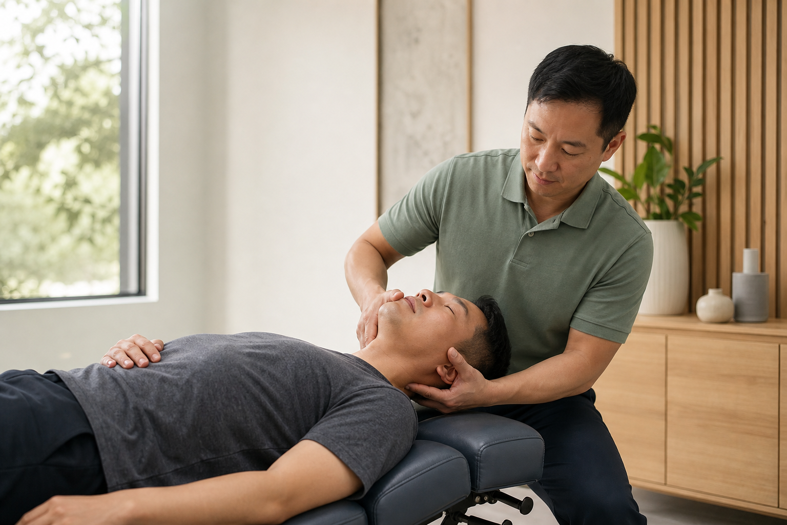 Gentle cervical chiropractic adjustment in a modern clinic
