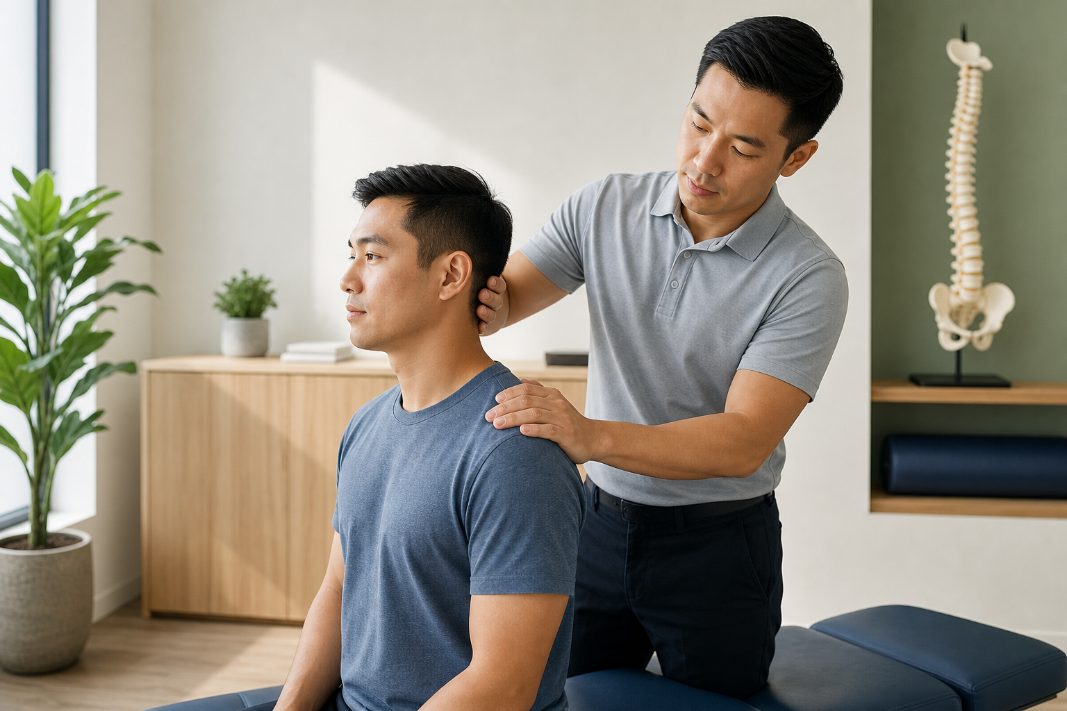 Chiropractor assessing a patient's neck and shoulder posture