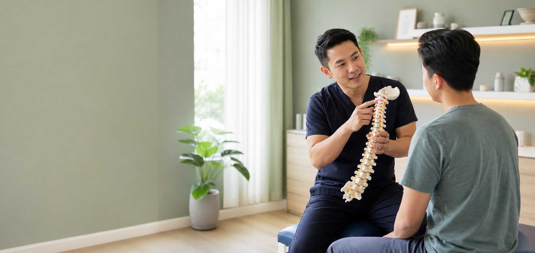 Neck pain consultation with chiropractor and spine model